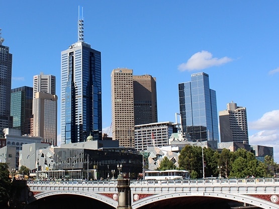 120 Collins St, 101 Collins St + Melbourne Skyline - blue …